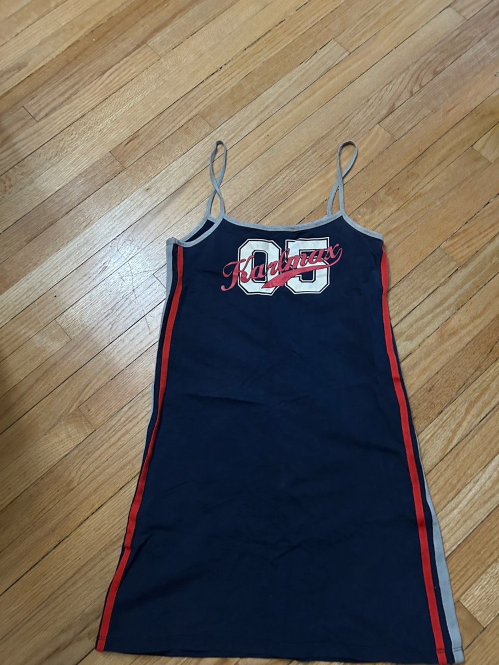 Navy Blue Racer Stripe Slip Dress with '05 Graphic